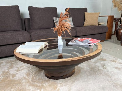 Oval Wood Coffee Table for Living Room, Large Ellipse Walnut Coffee Table, Modern Decorative Custom Table with Glass Top