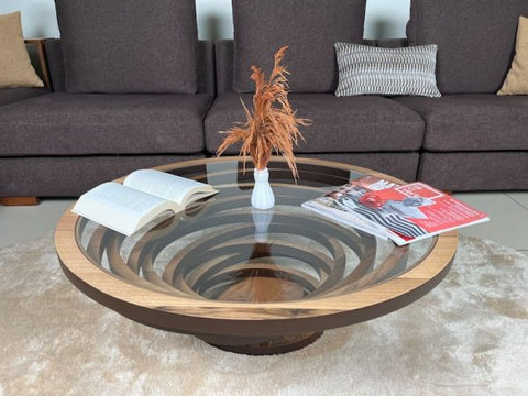 Oval Wood Coffee Table for Living Room, Large Ellipse Walnut Coffee Table, Modern Decorative Custom Table with Glass Top