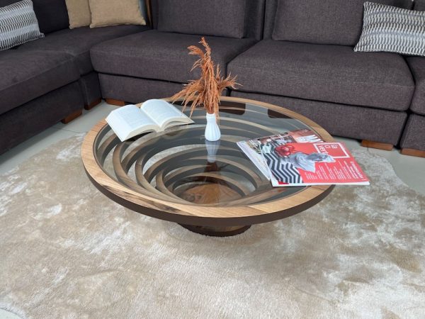 Oval Wood Coffee Table for Living Room, Large Ellipse Walnut Coffee Table, Modern Decorative Custom Table with Glass Top