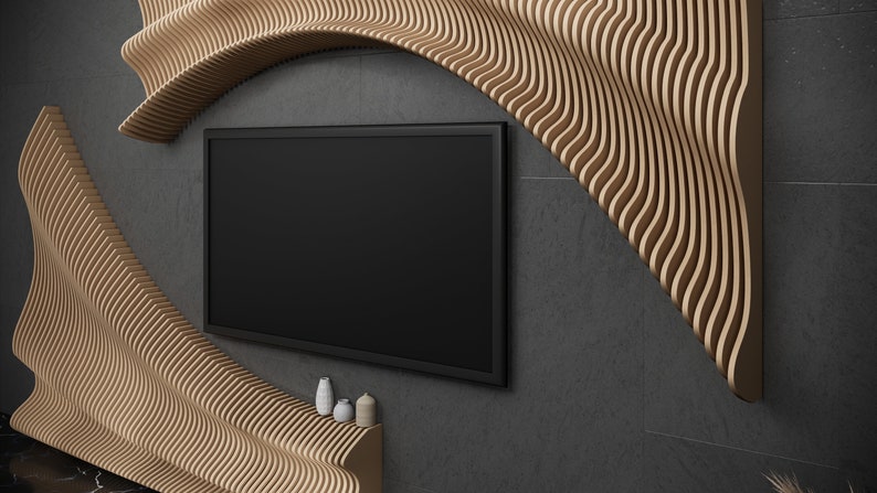 Parametric Wavy Wooden Tv Unit Shelf Tv Panel Design