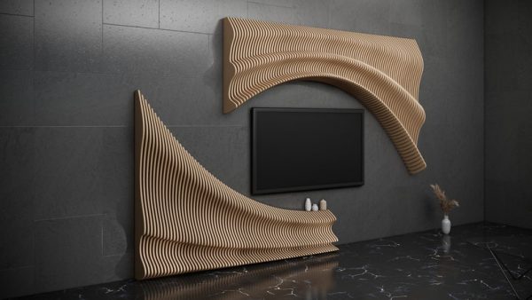 Parametric Wavy Wooden Tv Unit Shelf Tv Panel Design