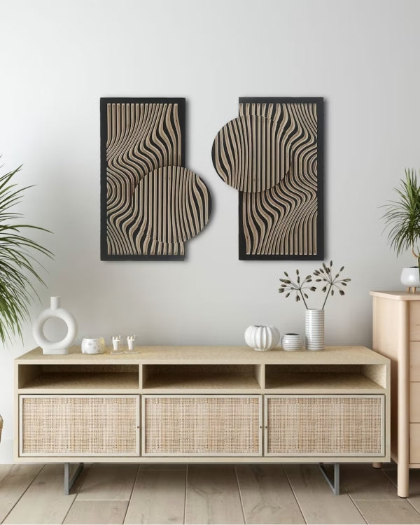 Rustic Carved Wavy Line Wooden Wall Art – Handmade Decor