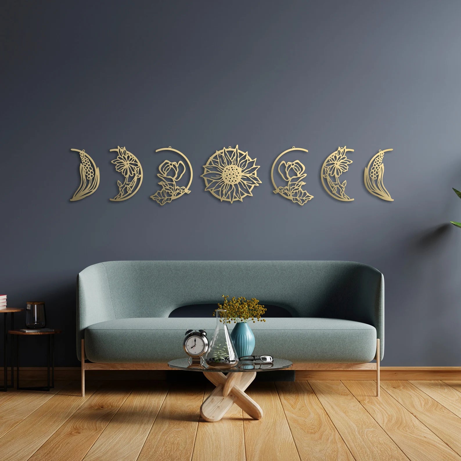 Golden Floral Moon Phase Metal Wall Decor