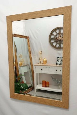 Natural Oak Finish Wood Frame Wall Mirror Rectangular Bevelled