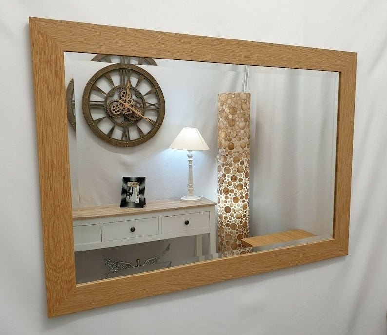 Natural Oak Finish Wood Frame Wall Mirror Rectangular Bevelled