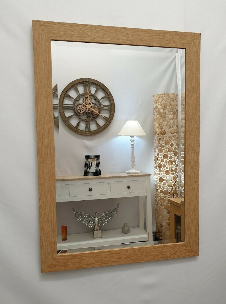 Natural Oak Finish Wood Frame Wall Mirror Rectangular Bevelled