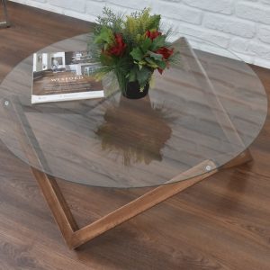 Low Round Coffee Table Solid Wood Walnut with Glass Table Top – Modern, Handmade Table