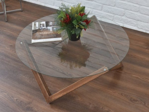 Low Round Coffee Table Solid Wood Walnut with Glass Table Top – Modern, Handmade Table