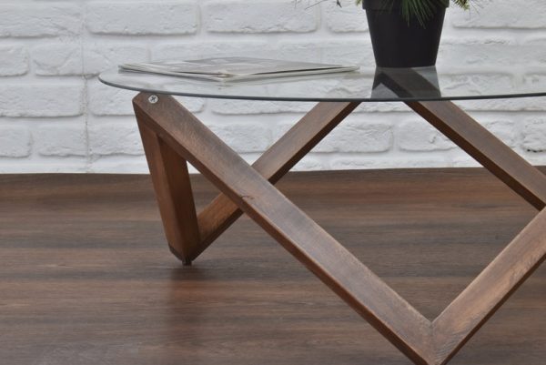 Low Round Coffee Table Solid Wood Walnut with Glass Table Top – Modern, Handmade Table