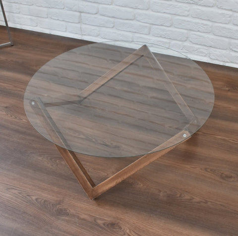 Low Round Coffee Table Solid Wood Walnut with Glass Table Top – Modern, Handmade Table